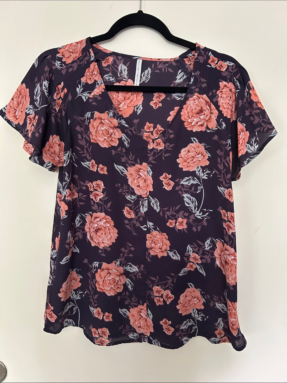 Grayson Threads Purple V-Neck Floral Top with Coral Roses